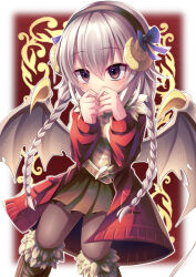 1girl blue_ribbon boots braid breasts coat demon_wings emil_chronicle_online hair_ribbon hairband highres horns long_hair lucifero_lore pantyhose red_coat red_eyes ribbon skirt small_breasts white_hair white_wings wings yupi828