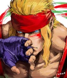 1boy alex_(street_fighter) blonde_hair blood blood_on_face blue_eyes collarbone e.de.n fingerless_gloves gloves headband long_hair male_focus mullet muscular portrait topless_male sidelocks solo street_fighter street_fighter_iii_(series) suspenders wiping_face