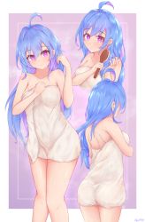 1girl absurdres ahoge ass azur_lane bare_shoulders blue_hair blue_nails border breasts collarbone commentary english_commentary fingernails brushing_hair helena_(azur_lane) highres holding holding_brush kyl490 light_smile long_fingernails long_hair looking_at_viewer medium_breasts multiple_views nail_polish naked_towel purple_background purple_eyes towel wet white_border