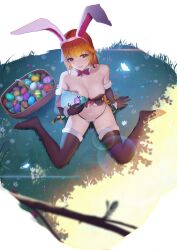 1girl absurdres animal_ears basket bikini black_bikini black_gloves black_thighhighs breasts commentary easter easter_egg egg elbow_gloves english_commentary fake_animal_ears from_above full_body gloves grass grin headband highres holding long_hair looking_at_viewer medium_breasts orange_hair purple_eyes rabbit_ears reefling_(stronny_cuttles) second-party_source shadow simple_background sitting smile solo strapless strapless_bikini stronny_cuttles stuffed_toy swimsuit thighhighs twintails vallure virtual_youtuber waltz_w_me wariza white_background