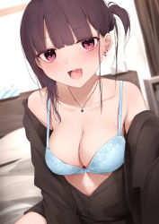 1girl :d bare_shoulders black_hair black_jacket blue_bra blurry blurry_background blush bra breasts cleavage collarbone commentary_request depth_of_field earrings highres indoors jacket jewelry kanju large_breasts long_hair long_sleeves looking_at_viewer mole mole_under_eye necklace off_shoulder one_side_up open_mouth original purple_eyes reaching reaching_towards_viewer selfie smile solo underwear