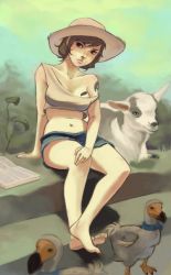 1girl animal bare_legs barefoot bird book brown_hair crossed_legs cutoffs denim denim_shorts dodo_(bird) farm farmer goat hat midriff navel original short_hair short_shorts shorts sitting straw_hat taho tank_top tattoo
