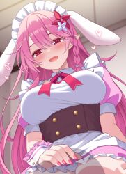 1girl :d apron braid breasts brown_corset commentary_request corset dress flower hair_flower hair_ornament heart index_finger_raised indie_virtual_youtuber lap_pillow large_breasts looking_at_viewer maid maid_apron maid_headdress neck_ribbon open_mouth pink_dress pink_hair pointy_ears puffy_short_sleeves puffy_sleeves red_ribbon ribbon shefu short_sleeves smile solo thighs virtual_youtuber