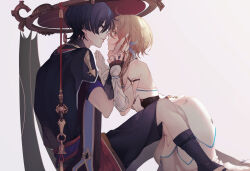 1boy 1girl ahoge arm_cutout armor black_eyes black_gloves black_hair black_kimono black_sleeves blonde_hair blue_feathers blue_trim blunt_ends cheek_press clothing_cutout detached_sleeves dress elpheltel eye_contact face-to-face feather_hair_ornament feathers genshin_impact gloves gold gold_trim grabbing_another&#039;s_face grey_veil hair_ornament halterneck hand_on_another&#039;s_face hand_on_another&#039;s_hand hands_up hat head_grab hetero highres holding_another&#039;s_wrist japanese_armor japanese_clothes jewelry jingasa juban kimono kneeling kote kurokote layered_sleeves leaning_on_person looking_at_another lumine_(genshin_impact) neck_ring open_mouth parted_lips partially_fingerless_gloves purple_eyes purple_sash purple_sleeves red_hat red_kimono red_sash sash scaramouche_(genshin_impact) short_hair short_hair_with_long_locks short_sleeves sidelighting sidelocks single_sode sitting sweat sweatdrop tsurime vambraces veil white_background white_dress white_kimono white_mouth white_sleeves yellow_eyes