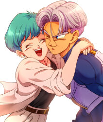 1boy 1girl aqua_hair arms_around_neck belt black_shirt blue_bodysuit blue_eyes bodysuit boriroba bowl_cut brown_belt bulma bulma_(future) cheek-to-cheek collarbone commentary_request dragon_ball dragonball_z earrings floating_clothes happy happy_tears heads_together highres hug jacket jewelry looking_at_another looking_to_the_side mother_and_son muscular muscular_male official_alternate_costume one_eye_closed open_mouth pants parent_and_child parted_hair purple_hair saiyan_armor shirt short_hair smile stud_earrings tears teeth trunks_(dragon_ball) trunks_(future)_(dragon_ball) upper_teeth_only white_background white_jacket white_pants