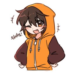 1boy blush brown_hair chibi fang gwak12081227 gwak_jun-hyeong hands_on_own_hips hood hooded_jacket jacket korean_text looking_at_viewer one_eye_closed open_mouth simple_background smile solo white_background zombie_high_school