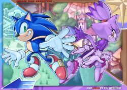 1boy 1girl absurdres animal_ears blaze_the_cat border cat_ears cat_girl frown furry furry_female gloves green_eyes grin highres kopikup mountain ornate_border outstretched_arms smile sonic_(series) sonic_rush sonic_rush_adventure sonic_the_hedgehog spread_arms yellow_eyes