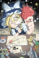 1girl black_vest blonde_hair book book_stack braid closed_mouth cup fingernails hair_between_eyes hair_ribbon hat highres holding holding_magnifying_glass holding_mushroom inuno_rakugaki kirisame_marisa long_hair magnifying_glass mushroom open_book ribbon shirt short_sleeves solo teacup test_tube touhou vest white_shirt witch_hat yellow_eyes