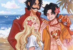Rule 34 | 1girl, 2boys, ^ ^, arm tattoo, beach, bird, black hair, blonde hair, closed eyes, collared shirt, commentary request, facial hair, family, flower, freckles, gol d. roger, hair flower, hair ornament, hibiscus, highres, holding, holding flower, jewelry, long hair, multiple boys, mustache, necklace, one piece, orange shirt, pearl necklace, portgas d. ace, portgas d. rouge, red shirt, shirt, shiyuzai, short hair, tattoo, upper body