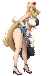 1girl absurdres bikini bikini_under_clothes black_bikini blonde_hair blue_sarong breasts cleavage crop_top curvy cynthia_(pokemon) cynthia_(summer_2025)_(pokemon) flower full_body grey_eyes hair_flower hair_ornament hair_over_one_eye hibiscus high_heels highres large_breasts licking_lips lipstick long_hair makeup navel nintendo open_mouth pokemon pokemon_masters_ex red_flower sarong shirt simple_background solo stomach swimsuit thighs tied_shirt tongue tongue_out very_long_hair wasabishouyu white_background