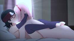 2girls age_difference ass bed black_hair blush boruto:_naruto_next_generations closed_eyes completely_nude feet female_focus french_kiss glasses haruno_sakura highres incest kiss legs loli mother_and_daughter multiple_girls naruto_(series) nude on_bed optimystic pink_hair short_hair tagme toes uchiha_sarada yuri