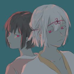2girls back-to-back bob_cut brown_hair character_request closed_mouth collarbone colored_eyelashes copyright_request green_background highres huimuuu light_frown mole mole_under_eye multiple_girls open_clothes open_shirt pink_shirt red_eyes red_rope rope shirt short_hair sidelocks simple_background upper_body white_hair white_shirt
