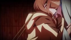 1boy 1girl animated animated_gif blush braided_tail breast_drop breasts clothes_lift convenient_censoring dark_gathering gentouga_keitarou hair_censor houzuki_eiko huge_breasts jacket lifting_own_clothes open_clothes open_jacket orange_hair presenting shirt_lift solo_focus