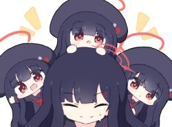 4girls black_hair black_headwear black_sailor_collar black_shirt blue_archive blunt_bangs blush_stickers chibi chibi_on_head closed_mouth hair_ornament hairclip halo hands_on_another&#039;s_head hands_up hat ichika_(blue_archive) justice_task_force_member_(blue_archive) long_hair long_sleeves looking_at_viewer multiple_girls no_nose on_head open_mouth parted_lips red_eyes red_halo sailor_collar shirt smile umihio upper_body