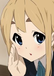 1girl blonde_hair blue_eyes close-up hand_on_own_cheek hand_on_own_face highres k-on! kicchi_(tmgk) kotobuki_tsumugi light_blush long_hair looking_at_viewer parted_lips sakuragaoka_high_school_uniform school_uniform thick_eyebrows whispering