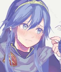 1girl blue_eyes blue_gloves blush brand_of_the_exalt closed_mouth fingerless_gloves fire_emblem fire_emblem_awakening flying_sweatdrops gloves hair_between_eyes highres kyashii_(cathyyy_illust) long_hair looking_to_the_side lucina_(fire_emblem) nintendo solo sweatdrop symbol_in_eye tiara upper_body white_background