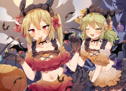 2girls alternate_costume bare_shoulders bat_wings blonde_hair cleavage_cutout clothing_cutout cow demon_horns flandre_scarlet frills from_side green_eyes green_hair highres horns jack-o&#039;-lantern komeiji_koishi medium_hair midriff multiple_girls one_eye_closed outdoors red_eyes red_ribbon ribbon sorani_(kaeru0768) touhou wings yellow_ribbon