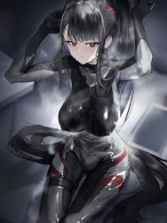 1girl absurdres aritsuno arms_behind_head arms_up black_bodysuit black_hair blue_archive blush bodysuit breasts bright_pupils covered_erect_nipples highres large_breasts long_hair looking_at_viewer official_alternate_costume ponytail red_eyes ringed_eyes rio_(blue_archive) rio_(bodysuit)_(blue_archive) skin_tight solo steaming_body sweat very_long_hair white_pupils