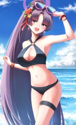 1girl absurdres armpits bare_arms bare_shoulders bikini black_bikini blue_archive blue_flower blush bracelet breasts cleavage eyewear_on_head fang flower hair_flower hair_ornament highres jewelry kuneamorai large_breasts looking_at_viewer multiple_bracelets navel ocean official_alternate_costume official_alternate_hairstyle open_mouth ponytail purple_eyes purple_hair red_flower skin_fang solo stomach sunglasses swimsuit thigh_strap yukari_(blue_archive) yukari_(swimsuit)_(blue_archive)