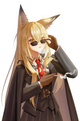 1girl absurdres airtair animal_ears arknights between_fingers black_coat black_jacket black_skirt black_vest blazer blonde_hair braid brown_gloves chinese_commentary cigarette coat coat_on_shoulders colored_inner_hair commentary_request cowboy_shot gloves hair_between_eyes highres holding holding_cigarette jacket lapels long_hair long_sleeves looking_at_viewer multicolored_hair open_mouth orange_eyes partial_commentary pleated_skirt removing_eyewear simple_background skirt smoke solo standing sunglasses vest vulpisfoglia_(arknights) white_background white_hair