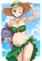 1girl ;) adjusting_clothes adjusting_headwear among_us armlet big_belly bikini blonde_hair breasts cleavage closed_mouth cloud cloudy_sky collarbone cowboy_shot dragon_quest dragon_quest_rivals dragon_quest_xi earrings gem gluteal_fold green_bikini green_sarong hair_slicked_back hat highres holding holding_stuffed_toy jewelry looking_at_viewer medium_breasts navel necklace official_alternate_costume official_alternate_hair_length official_alternate_hairstyle one_eye_closed pixie_cut pregnant pubic_tattoo purple_eyes red_gemstone rotomdocs sarong senya_(dq11) short_hair sky smile solo strapless strapless_bikini stuffed_animal stuffed_fish stuffed_toy sun_hat swimsuit tattoo twitter_username very_short_hair