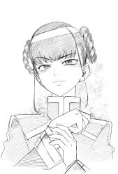 1girl blush commentary_request eyelashes greyscale happy highres kafna_uniform long_hair looking_at_viewer medina_hahal&#039;k mitsu_izumi monochrome official_art sketch smile solo toshokan_no_daimajutsushi updo white_background