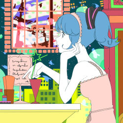 abstract akkberyl blue_hair dress glass hand_on_own_chin hatsune_miku head_rest nakamura_yuusuke_(style) ponytail sleeveless sleeveless_dress table utility_pole vocaloid window
