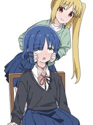 2girls black_jacket blonde_hair blue_hair bocchi_the_rock! chair disembodied_head dullahan green_jacket hair_ornament hairclip hands_on_another&#039;s_cheeks hands_on_another&#039;s_face highres ijichi_nijika jacket jbxpism misplaced_genitals multiple_girls on_chair penis penis_neck ponytail pussy shirt side_ponytail simple_background sitting solo textless_version uncensored what white_background white_shirt yamada_ryo yellow_eyes