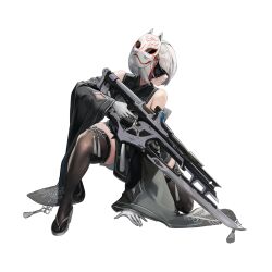 1girl 2b_(nier:automata) absurdres alternate_costume artist_collaboration ass back black_blindfold black_dress blindfold boots breasts cleavage cleavage_cutout clothing_cutout covered_eyes crossover curvy dress feather-trimmed_sleeves gloves goddess_of_victory:_nikke bad_tag highres holding holding_weapon huge_ass japanese_clothes kimono large_breasts long_sleeves nier:automata nier_(series) official_alternate_costume official_art shiny_skin short_hair solo squatting thick_thighs thighhighs thighhighs_under_boots thighs weapon white_hair wide_hips