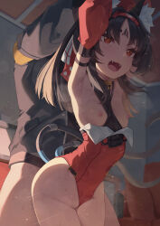 1boy 1girl absurdres animal_ear_fluff animal_ears armpits arms_up barcode barcode_tattoo black_hair blush breasts cable cable_tail cat_ears cat_girl cat_tail clothed_sex covered_navel dark-skinned_female dark_skin facial_mark fangs forehead_tattoo gueya hetero highres leotard long_hair mechanical_tail multiple_tails nekomiya_mana open_mouth red_eyes sex sex_from_behind small_breasts standing standing_sex strapless strapless_leotard tail tattoo triangle triangle_facial_mark two_tails wise_(zenless_zone_zero) zenless_zone_zero