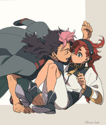 1boy 1girl asticassia_school_uniform black_hair black_hairband boots breasts closed_eyes full_body grey_jacket guel_jeturk gundam gundam_suisei_no_majo hair_between_eyes hairband highres imminent_kiss jacket jacket_on_shoulders long_hair long_sleeves looking_at_another low_ponytail medium_breasts mole mole_under_eye mullet multicolored_hair open_mouth parted_lips pink_hair ponytail red_hair school_uniform short_hair_with_long_locks shorts sitting suletta_mercury thick_eyebrows twitter_username two-tone_hair wakaya_hana white_jacket white_shorts