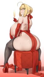 1girl ahoge ass aster_crowley bare_shoulders black_thighhighs blonde_hair breasts cup dress drinking_glass elbow_gloves fate/extra fate/extra_ccc fate/grand_order fate_(series) gloves green_eyes hair_bun high_heels highres huge_areolae huge_breasts lips nero_claudius_(fate) paid_reward_available sideboob simple_background sitting sweat thighhighs thighs wine_glass