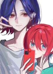 Rule 34 | 1boy, 1girl, amate yuzuriha, aqua eyes, blue hair, colored inner hair, commentary request, dekau, gundam, gundam gquuuuuux, heart cheeks, highres, holding, holding phone, looking at viewer, multicolored hair, phone, purple hair, red eyes, red hair, selfie, shirt, short hair, shuji ito, simple background, smile, two-tone hair, v, white background, white shirt
