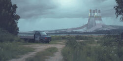 Rule 34 | absurdres, architecture, building, cloud, cloudy sky, company name, day, grass, highres, motor vehicle, nature, no humans, outdoors, pickup truck, rain, river, road, scenery, science fiction, simon stalenhag, sky, swedish machines, tree, truck, water