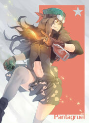 Rule 34 | 1girl, 24hrscoma, adapted costume, black cape, black hair, black shirt, bottle, brown gloves, cape, commentary, creator (ragnarok online), english commentary, feet out of frame, gloves, goggles, goggles on head, grey skirt, grey thighhighs, grin, holding, holding bottle, long hair, looking afar, looking to the side, midriff, molotov cocktail, navel, poison, ragnarok online, shirt, skirt, smile, solo, thighhighs, yellow eyes