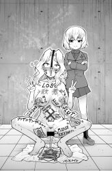 Rule 34 | 2girls, absurdres, blush, breasts, closed mouth, crossed arms, crotch, defeat, double v, girls und panzer, greyscale, highres, katyusha (girls und panzer), kay (girls und panzer), large breasts, military uniform, monochrome, multiple girls, navel, nipples, nose hook, nude, open mouth, pravda military uniform, smile, spread legs, v, yata no yu