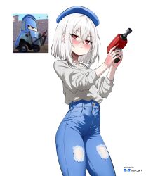 1boy 1girl absurdres animification beret blue_pants cars_(movie) drill guido_(cars_(movie)) hat highres looking_at_viewer nisp_art pants personification red_eyes reference_inset short_hair torn_clothes torn_pants white_hair