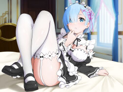 1girl bedroom black_shoes blue_eyes blue_hair blush breasts commentary_request crossed_ankles full_body gibun_(sozoshu) hair_ornament hair_over_one_eye hair_ribbon highres indoors knees_up large_breasts long_sleeves looking_at_viewer lying maid maid_headdress mary_janes on_back on_bed parted_lips purple_ribbon re:zero_kara_hajimeru_isekai_seikatsu rem_(re:zero) ribbon roswaal_mansion_maid_uniform shoes short_hair skindentation solo thighhighs thighs white_thighhighs window x_hair_ornament