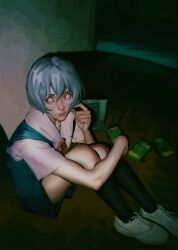 Rule 34 | 1girl, absurdly detailed composition, ayanami rei, black socks, blue hair, cyanone, dark room, hair between eyes, highres, knees up, lips, neon genesis evangelion, on floor, pensive, red eyes, red ribbon, ribbon, school uniform, shirt, shoes, short hair, socks, solo, tokyo-3 middle school uniform, white shirt, white shoes