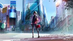 1girl backpack bag billboard black_hair black_pantyhose blush brown_eyes building bus cityscape crosswalk guitar_case highres instrument_case long_hair miniskirt minivan motor_vehicle multi-lane_road multicolored_hair original pantyhose road scenery school_uniform shibuya_(tokyo) shoes skirt sonna_watashi standing street tagme thighhighs tokyo_(city) tree two-tone_hair very_long_hair