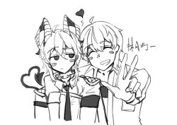 black_jacket black_tail blush chai_(huo-ye) curved_horns greyscale heart heart_tail highres horns jacket jacket_on_shoulders male_rover_(wuthering_waves) monochrome necktie rover_(wuthering_waves) shirt smile tail v white_background white_shirt wuthering_waves zani_(wuthering_waves)