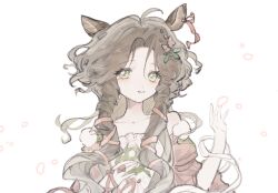 1girl aa_huaju_pifa_ma_zong animal_ears bare_shoulders brown_hair deer_ears deer_girl dress flower green_eyes grin hair_flower hair_ornament hair_ribbon hand_up highres jessica_(reverse:1999) long_hair looking_at_viewer off_shoulder official_alternate_costume pink_dress pink_flower pink_ribbon reverse:1999 ribbon smile solo upper_body white_background
