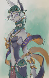 1girl @acchom_zatta aqua_headwear asymmetrical_hair bare_shoulders black_nails blue_eyes body_fur bracelet breasts cleavage closed_mouth colored_eyelashes eyeshadow fingernails frown furry furry_female grey_fur groin hagoromo half-closed_eyes hand_on_own_chest hand_up highres jewelry loincloth long_neck long_torso magatama makeup mineru_(zelda) multiple_bracelets multiple_rings nail_polish navel necklace nintendo one_eye_closed purple_eyeshadow ring sharp_fingernails shawl short_hair small_breasts snout standing strapless the_legend_of_zelda the_legend_of_zelda:_tears_of_the_kingdom third_eye white_hair zonai