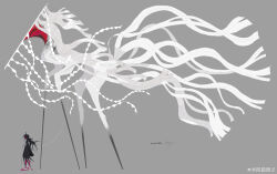 1other absurdres bird_legs black_hair from_side full_body grey_background highres kamikiririp long_hair monster multicolored_eyes original other_focus simple_background size_difference standing watermark weibo_watermark white_string white_tail