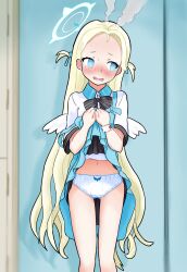 1girl angel&#039;s_24_uniform_(blue_archive) angel_wings blue_archive blue_eyes blush bow bow_panties clothes_lift dress dress_lift feathered_wings halo highres lifting_own_clothes loli long_hair mini_wings navel nose_blush panties sagashi_mono shirt_lift skirt skirt_lift solo sora_(blue_archive) tears underwear very_long_hair white_panties wings
