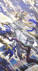 Rule 34 | 1girl, absurdres, arknights, blonde hair, blue eyes, blue hair, blush, closed mouth, dragon girl, dragon horns, dragon tail, dress, from side, hair between eyes, highres, horns, kieed, long hair, looking at viewer, multicolored hair, pointy ears, shu (arknights), shu (bingwenyuyou) (arknights), sidelocks, smile, solo, tail, white dress, white hair