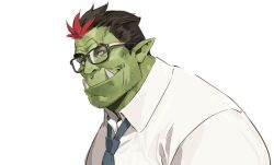 1boy beard beard_stubble black-framed_eyewear colored_bangs colored_skin facial_hair formal_clothes glasses indie_virtual_youtuber looking_at_viewer mature_male monster_boy muscular muscular_male necktie orc pako_(goodbowelm) pako_(pakosun) pointy_ears randon_(vtuber) randon_neuring salaryman scar shirt short_hair stubble thick_eyebrows tusks upper_body virtual_youtuber