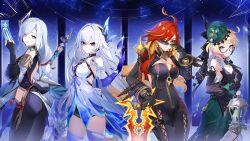 4girls a_thousand_blazing_suns_(genshin_impact) absurdres ahoge azurelight_(genshin_impact) bare_shoulders biker_clothes bikesuit black_bodysuit black_gloves blonde_hair blue_eyes bodysuit braid breasts cleavage detached_sleeves dress earrings emilie_(genshin_impact) genshin_impact glasses gloves grey_hair hair_between_eyes hair_ornament hair_over_one_eye hat highres jewelry long_hair long_sleeves looking_at_viewer low-braided_long_hair low-tied_long_hair mavuika_(genshin_impact) merry-san multicolored_hair multiple_girls official_style orange_eyes orange_hair prosthesis prosthetic_arm red_eyes red_hair second-party_source semi-rimless_eyewear shenhe_(genshin_impact) skirk_(genshin_impact) smile two-tone_hair very_long_hair weapon