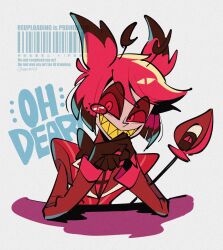 Rule 34 | 1boy, alastor (hazbin hotel), animal ears, antlers, cane, colored sclera, colored skin, colored teeth, deer antlers, deer ears, elbows on table, film grain, grey skin, hazbin hotel, highres, horns, jacket, male focus, monocle, nono (norabi), own hands together, red-tinted eyewear, red eyes, red hair, red jacket, red sclera, sharp teeth, short hair, solo, teeth, tinted eyewear, twitter username, yellow teeth