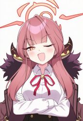 aru_(blue_archive) blue_archive breasts coat crossed_arms ekoren gloves halo highres large_breasts long_hair looking_at_viewer one_eye_closed red_coat red_eyes red_hair red_halo red_ribbon ribbon shirt simple_background white_background white_gloves white_shirt